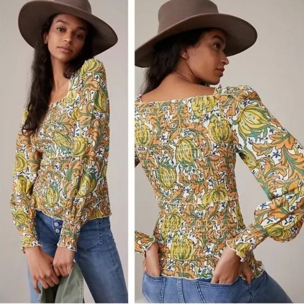 Anthropologie The Rayna Button Down Smocked Top Puff Sleeve Floral Size Large